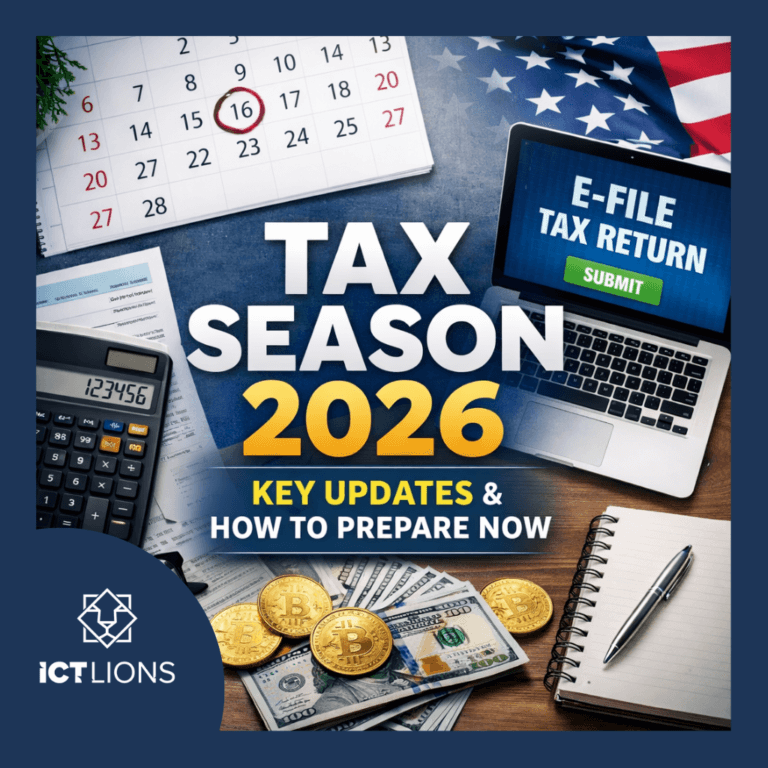 Tax Season 2026 graphic with tax forms, calculator, laptop, calendar, and financial planning elements.