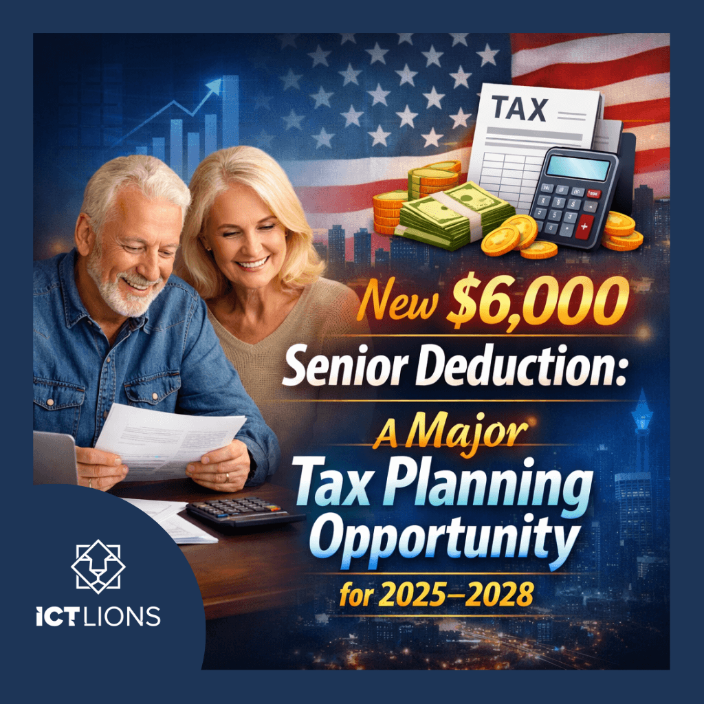 Promotional graphic showing a smiling senior couple reviewing tax documents at a table with